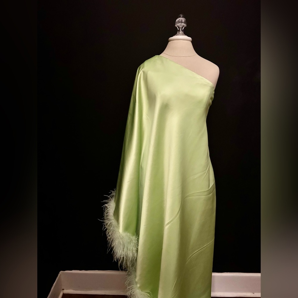 Stunning one shoulder feather dress in perfect condition! Beautiful line green!